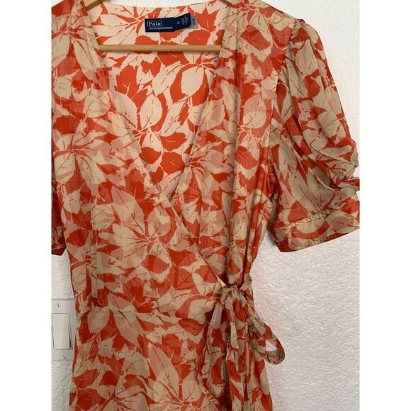 Polo Ralph Lauren Print Crinkled Georgette Wrap Dress Orange Size 12 - Picture 6 of 12